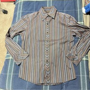 7 Diamonds Brown and Blue Striped Casual Shirt